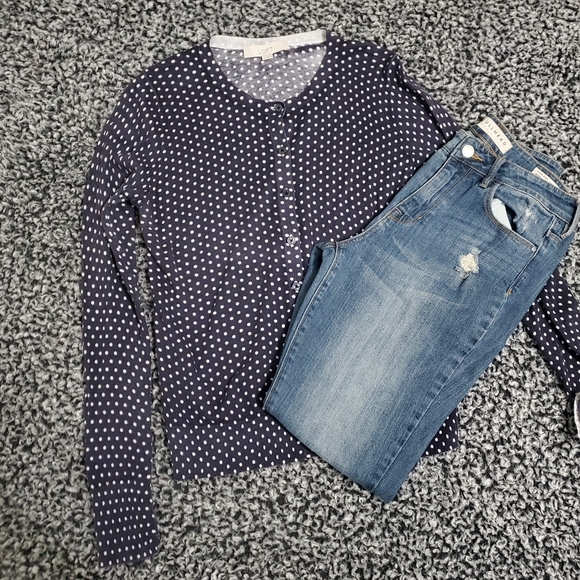LOFT Blue & White Poka Dot Button up - Picture 2 of 12
